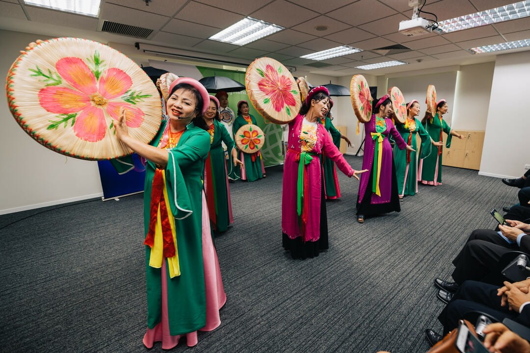A Vietnamese community-based arts group performs a vibrant cultural dance at SIF Connects! Hanoi. The dance was choreographed by SIF’s 2018 Arts for Good Fellow Ms Pham Thi Hong (not pictured)