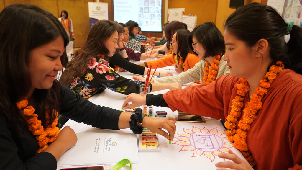 Guided by the Partners for Youth Empowerment facilitation toolkit, A4G Fellows reconnected through a collaborative art activity which shared about their personal growth since meeting in Singapore, as well as their intent for the programme in Delhi