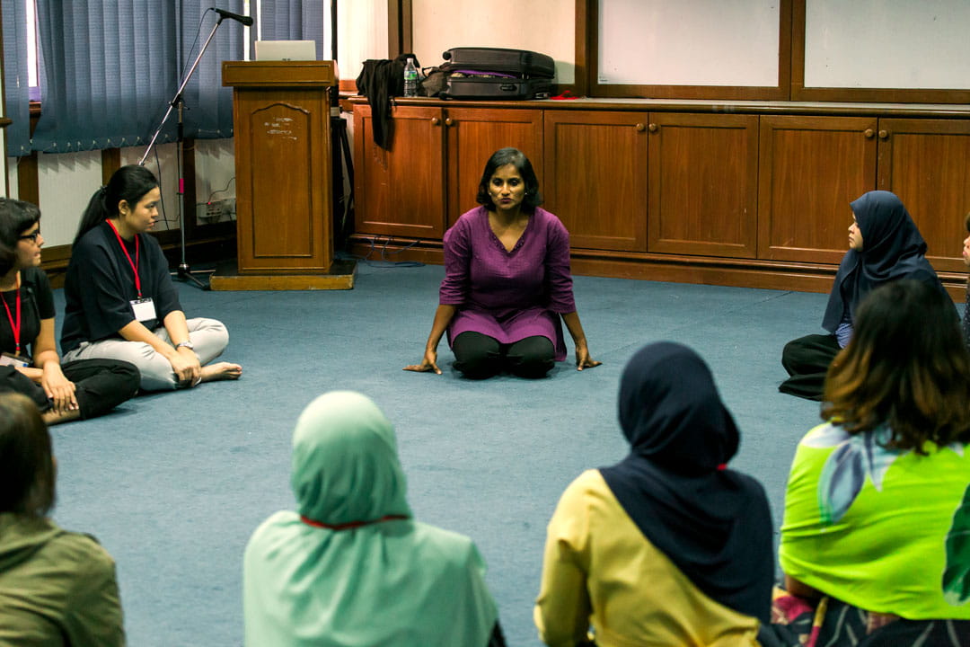 Participants at a workshop conducted by Gurpreet Kaur Kalsi during CausewayEXchange Arts and Healing, learning about the benefits of dramatherapy as a form of therapy